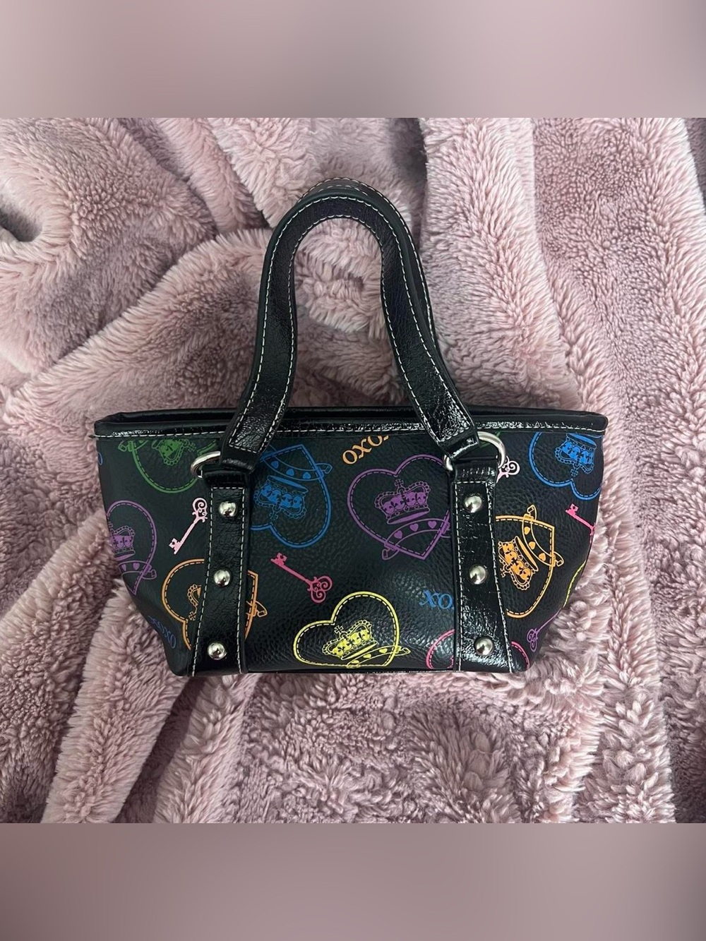 XOXO Black Mini Satchel with Multicolor Heart & Key Print